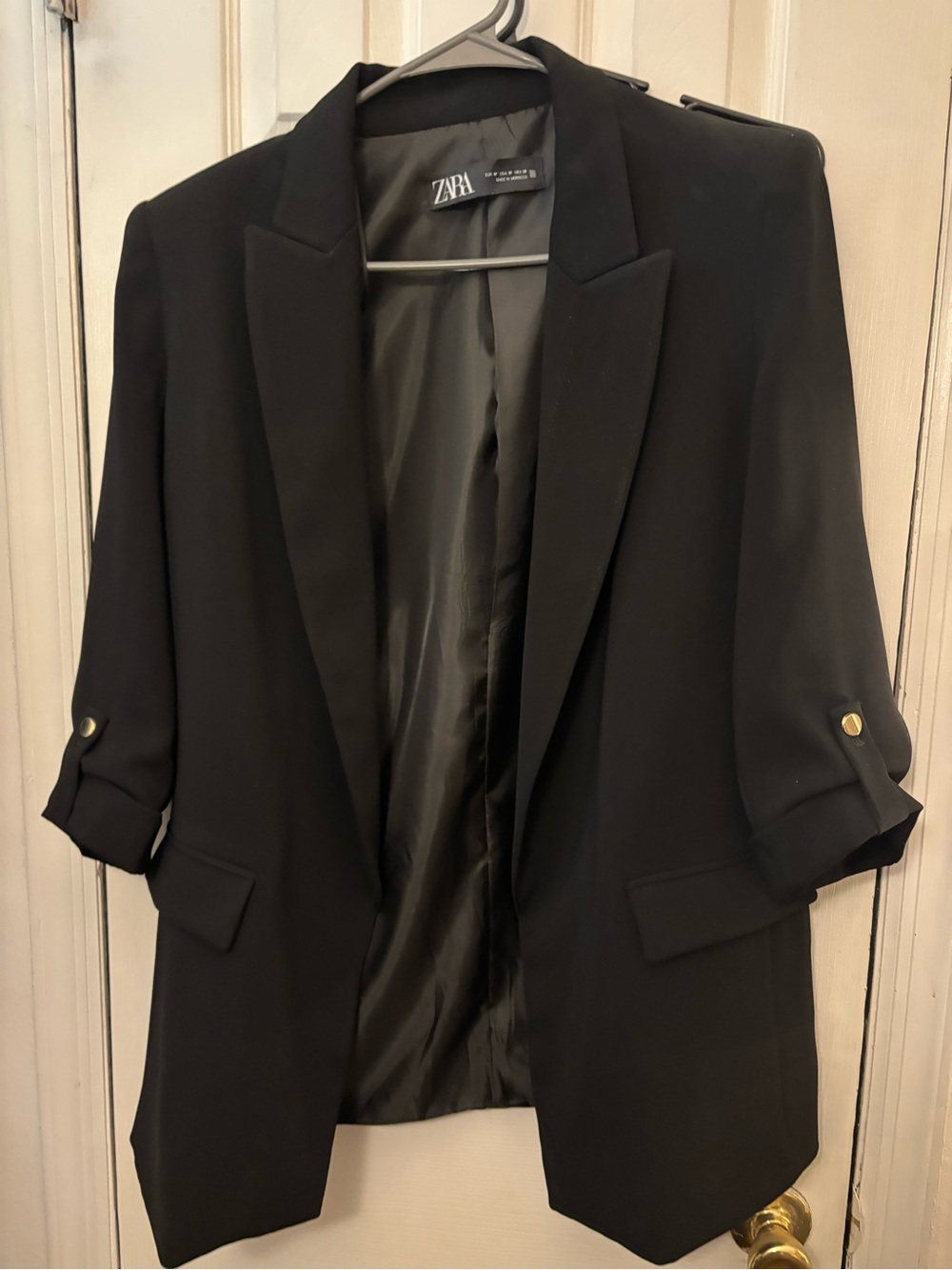 Zara Black Relaxed Open-Front Blazer with Gold Button Tabs